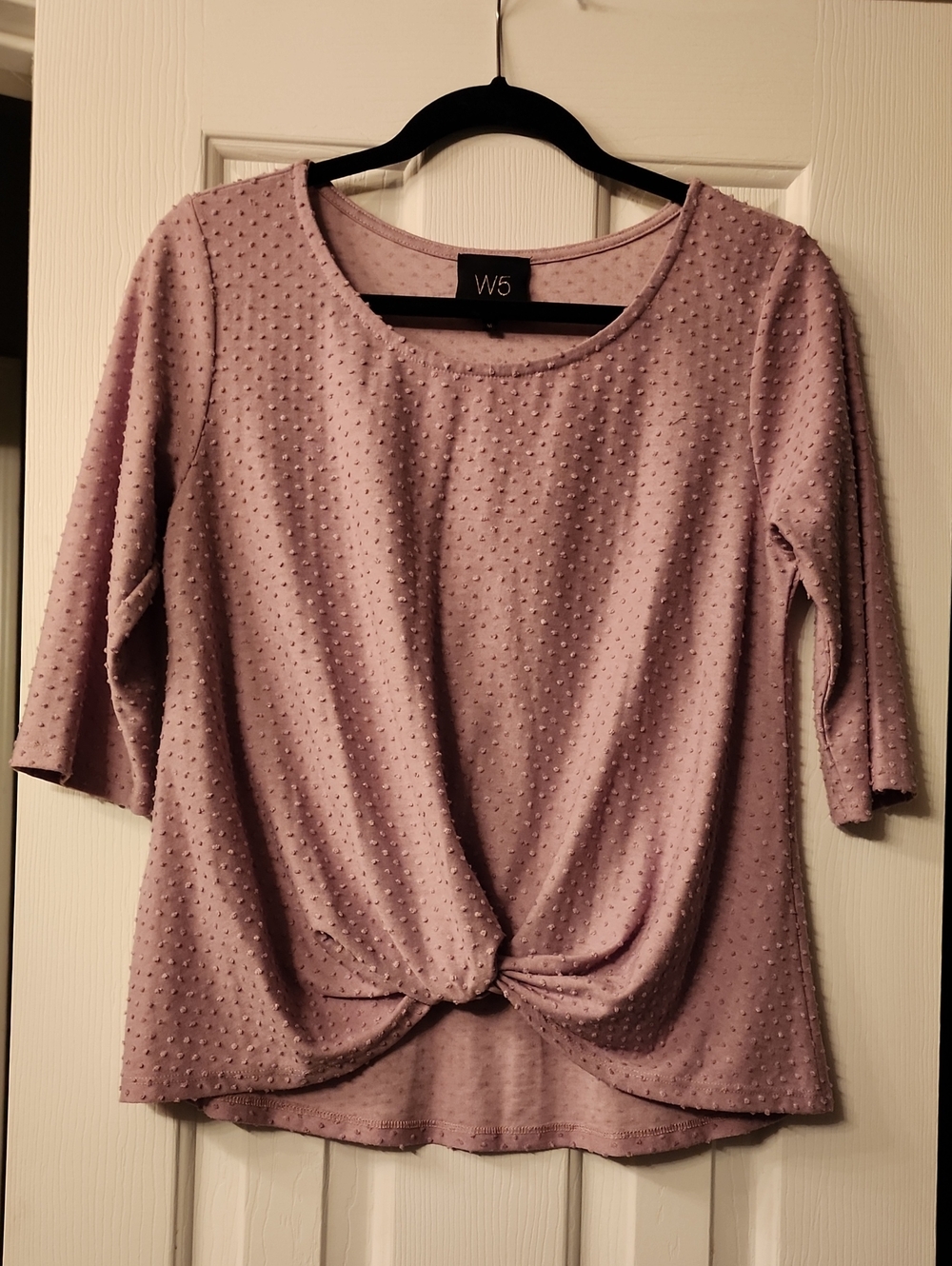 W5 Lavender Knot-Front Dot Texture 3/4 Sleeve Top